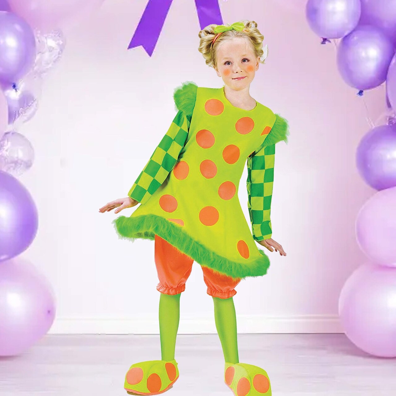 Girls Lolli Clown Costume Neon Polka Dot Dress Bloomers Headband Outfit